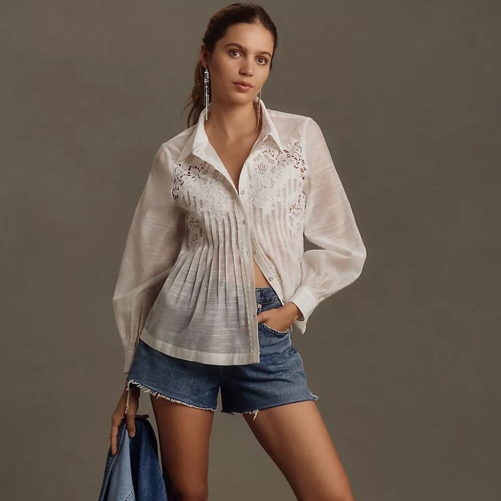 NEW! Anthropologie White Long-Sleeve Lace Pintuck Blouse